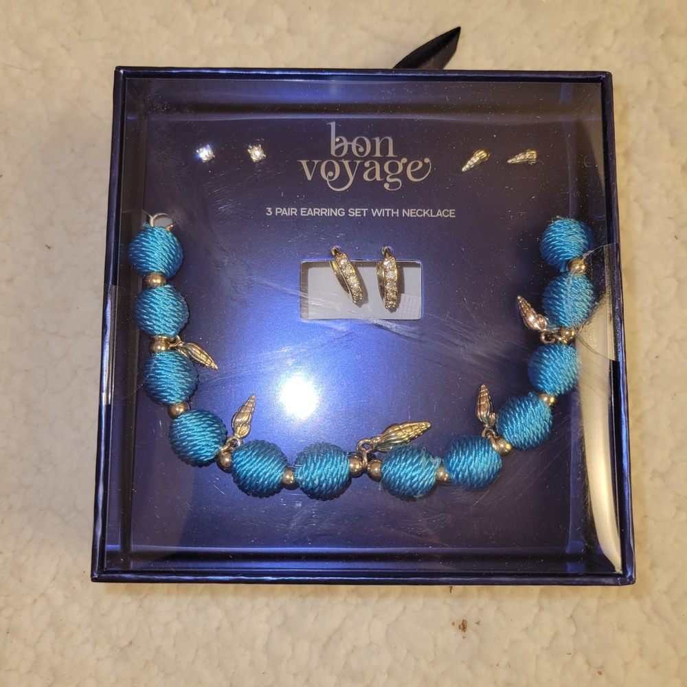 Brand New- Bon Voyage Jewelry 3 Pair Earring Set‎ With Necklace